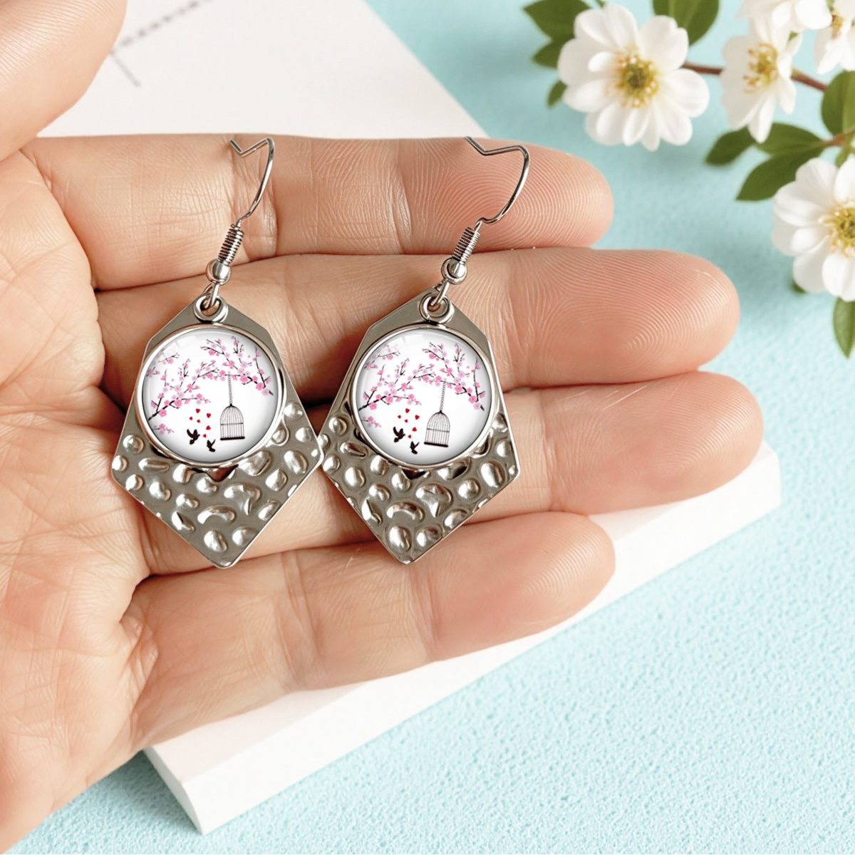 Cherry Blossom Birdcage Hexagonal Dangle Earrings
